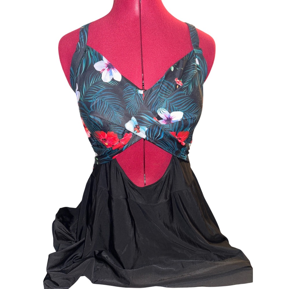 Tempt Me Tropical Floral Swim Dress One Piece Swimsuit Black Plus Size 20W NWT
